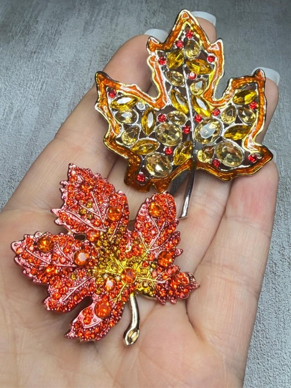 Maple Leaf Rhinestone Brooches Set of 2 Pins
